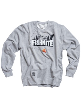 Szara bluza wędkarska z nadrukiem Fishnite, przedstawiająca wędkarza z wędką i motywem ryby - odzież dla wędkarzy.
