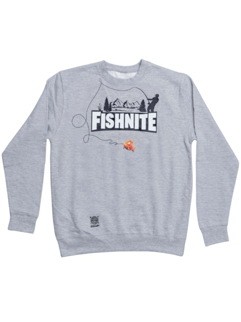 Szara bluza wędkarska z nadrukiem Fishnite oraz grafiką wędkarza i ryby - odzież dla wędkarzy.
